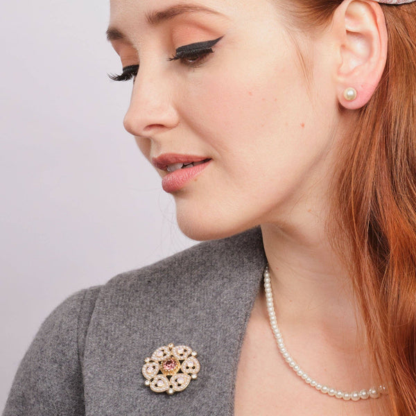 1950's Pink Love Heart Brooch on model